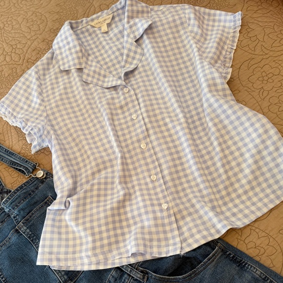 VTG 80’s Laura Ashley Blue and White Gingham Ruffled Short Sleeve Blouse, Size L - Picture 2 of 12